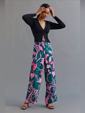 Floral Pink and Green Women's silk pants